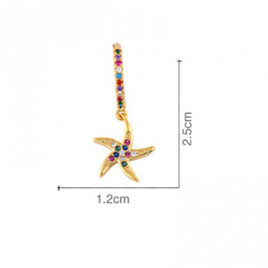 Picture of Copper Rainbow Hoop Earrings Gold Plated Circle Ring Star Fish Multicolour Cubic Zirconia 25mm x 12mm, 1 Pair