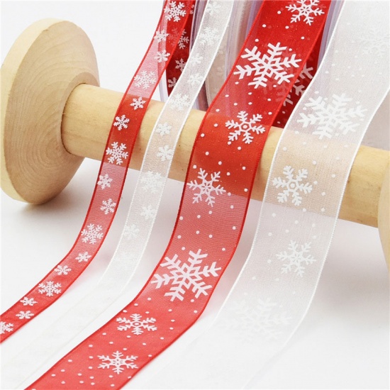 Image de Ruban Noël Flocons de neige 2.5 cm rouge (10m) décoration