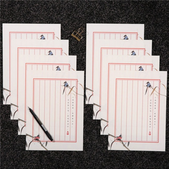 Imagen de Blanco - Flores blancas y pájaros vertical creativo romántico clásico papel de carta literario 8 hojas en -1 juegos