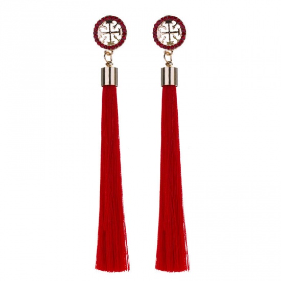 Picture of Tassel Earrings Gold Plated Round Red Rhinestone 11cm x 1.5cm, 1 Pair