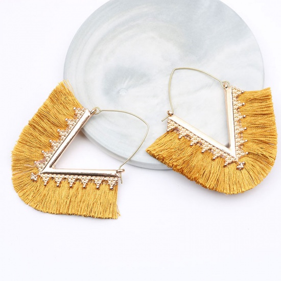 Picture of Hoop Earrings Gold Plated Ginger V-shaped Tassel 7cm x 6.3cm, 1 Pair