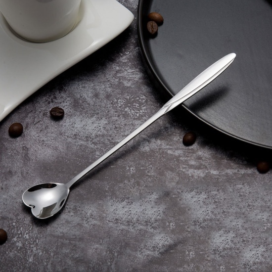 Picture of Silver Tone - style1 multi-style Stainless Steel Spoon Set with Long Handle Flowers Heart Shape Ice Tea Coffee Spoon Dessert Spoon Kitchen Drink Tableware