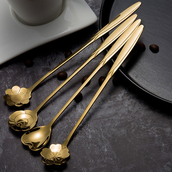 Picture of Gold Plated - style6 multi-style Stainless Steel Spoon Set with Long Handle Flowers Heart Shape Ice Tea Coffee Spoon Dessert Spoon Kitchen Drink Tableware