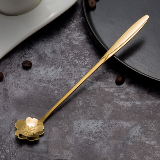 Immagine di Placcato in oro - style7 Set di cucchiai multi-stile in acciaio inossidabile con manico lungo Fiori Forma di cuore Tè freddo Cucchiaino da dessert Cucchiaio da cucina Bevande da tavola