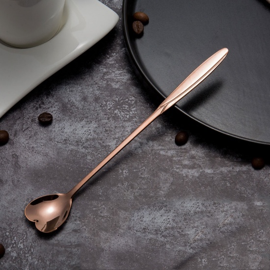 Picture of Rose Gold - style9 multi-style Stainless Steel Spoon Set with Long Handle Flowers Heart Shape Ice Tea Coffee Spoon Dessert Spoon Kitchen Drink Tableware