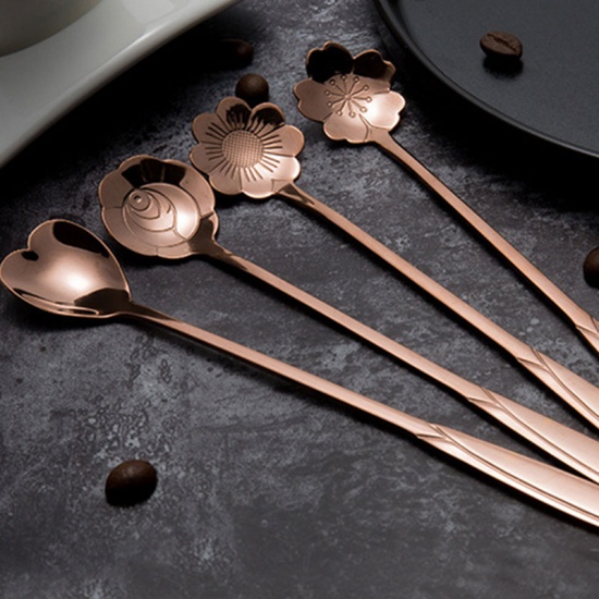 Picture of Rose Gold - style9 multi-style Stainless Steel Spoon Set with Long Handle Flowers Heart Shape Ice Tea Coffee Spoon Dessert Spoon Kitchen Drink Tableware