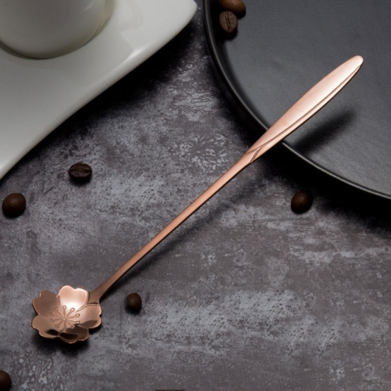 Picture of Rose Gold - style11 multi-style Stainless Steel Spoon Set with Long Handle Flowers Heart Shape Ice Tea Coffee Spoon Dessert Spoon Kitchen Drink Tableware