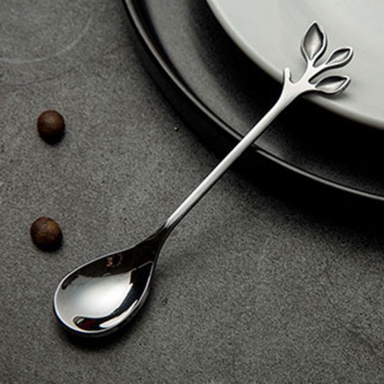 シルバートーン創造的なステンレス鋼のカジュアルなコーヒースプーン攪拌真空メッキチタン北欧の葉は蜂蜜のデザートスプーンスプーン の画像