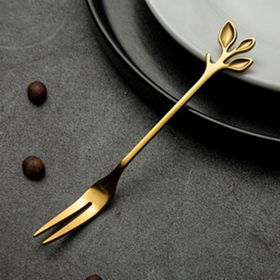 Picture of Gold Plated - style6 Creative Branch Leaves Dessert Spoon /Fork Silver Gold Rose Colours Exquisite Leaf Fruit Fork Coffee Dessert Spoon Gift Tableware Kitchen accessories