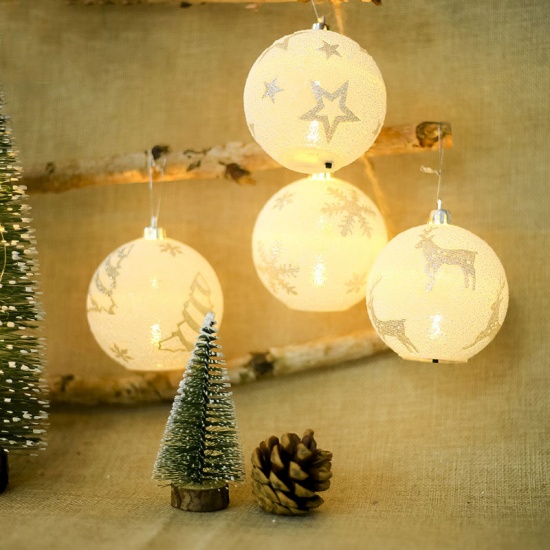 Picture of White - style4 Christmas LED Light Balls Snowflake Elk Star Printing Ornaments Christmas Tree Decoration Chrismas Party Bedroom Outdoor Décor pendant