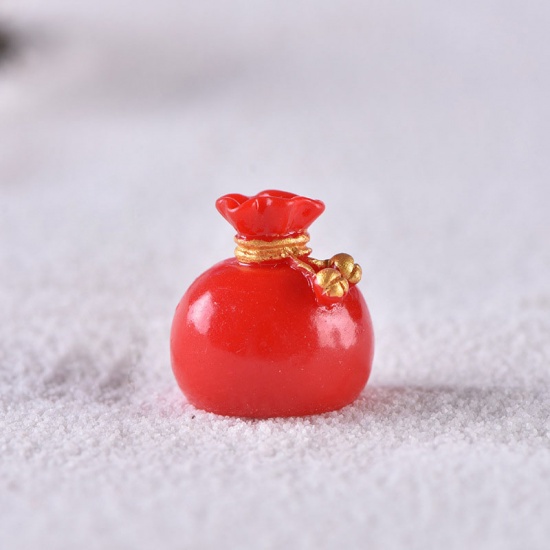 Picture of Resin Micro Landscape Miniature Decoration Red Christmas Gift Bag 18mm x 18mm, 1 Piece