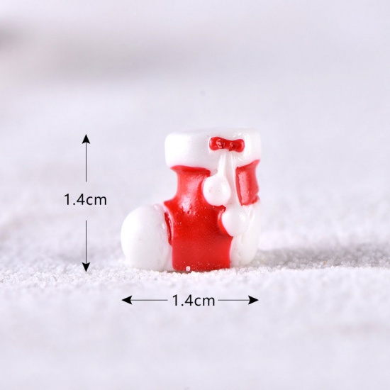 Picture of Resin Micro Landscape Miniature Decoration White & Red Christmas Stocking 14mm x 14mm, 1 Piece