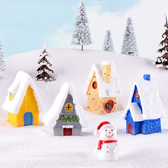 Picture of Blue - Blue Mini Christmas decorate diy ornament Snow Santa House Figurines Fairy Garden Miniatures Mini Christmas Snow Landscape Children Gift