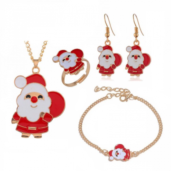 Picture of Jewelry Set Gold Plated White & Red Christmas Santa Claus Enamel 60cm(23 5/8") long - 4cm(1 5/8") long, 1 Set ( 4 PCs/Set)