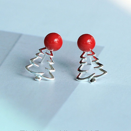 Picture of Ear Post Stud Earrings Silver Tone Red Christmas Tree 17mm x 11mm, 1 Pair