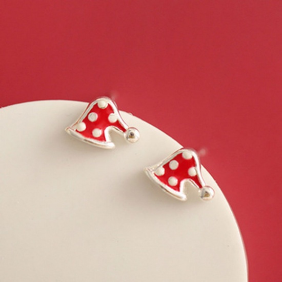 Picture of Ear Post Stud Earrings White & Red Christmas Hats 10mm x 6mm, 1 Pair