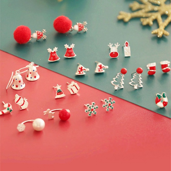 Picture of Christmas Ear Post Stud Earrings White & Red Skirt 10mm x 10mm, 1 Pair