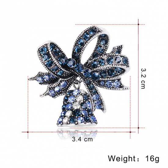Picture of Pin Brooches Christmas Jingle Bell Dark Blue Rhinestone 3.4cm x 3.2cm, 1 Piece