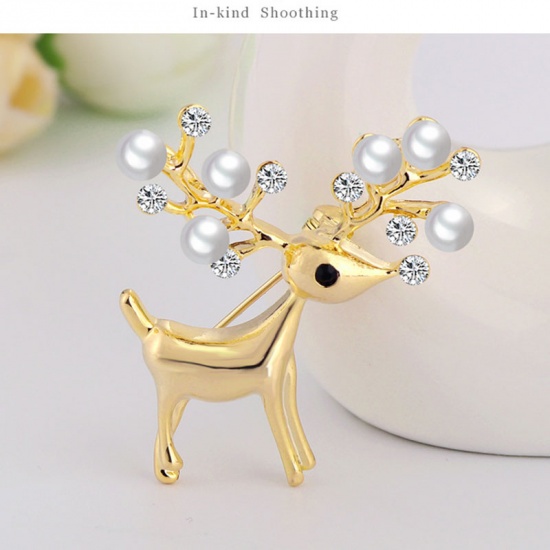 Picture of Pin Brooches Christmas Reindeer Gold Plated White Clear Rhinestone 5cm x 3cm, 1 Piece