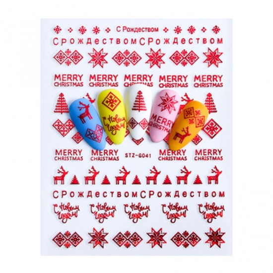 紙 ネイルシール クリスマス・トナカイ クリスマス・スノーフレーク柄、 赤 10.4cm x 8cm、 1 枚 の画像