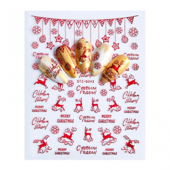 Изображение Бумага Наклейки для Ногтей Рождественский северный олень Звезда Красный 10.4см x 8см, 1 Лист