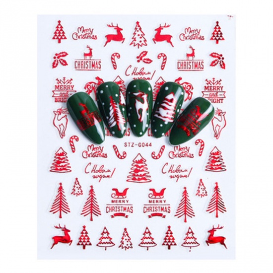 紙 ネイルシール クリスマス・トナカイ ツリー柄、 赤 10.4cm x 8cm、 1 枚 の画像