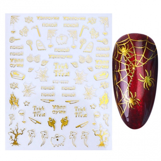 Picture of Paper Nail Art Stickers Decoration Knife Halloween Ghost Golden 10.3cm x 8.2cm, 1 Sheet