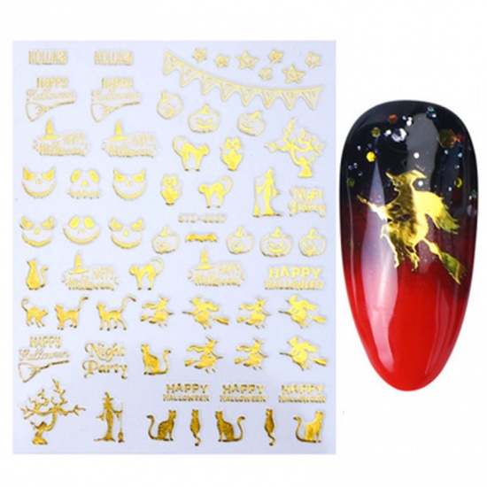 Image de Stickers d'ongles en Papier Forme Chat Sorcière Halloween Or, 10.3cm x 8.2cm, 1 Pièce