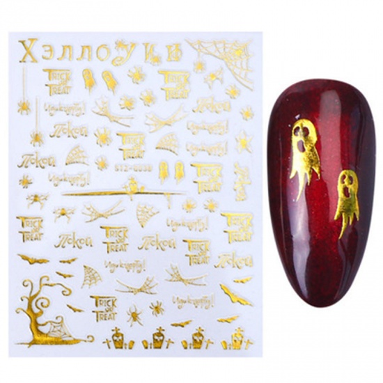Изображение Бумага Наклейки для Ногтей Хэллоуин Паутина Крест Золотой 10.3см x 8.2см, 1 Лист