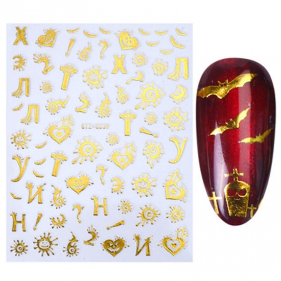 Picture of Paper Nail Art Stickers Decoration Halloween Spider Animal Cross Golden 10.3cm x 8.2cm, 1 Sheet
