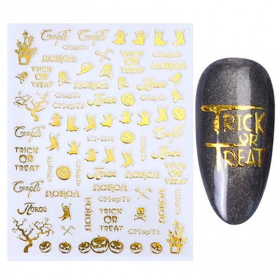 Picture of Paper Nail Art Stickers Decoration Hat Halloween Ghost Golden 10.3cm x 8.2cm, 1 Sheet