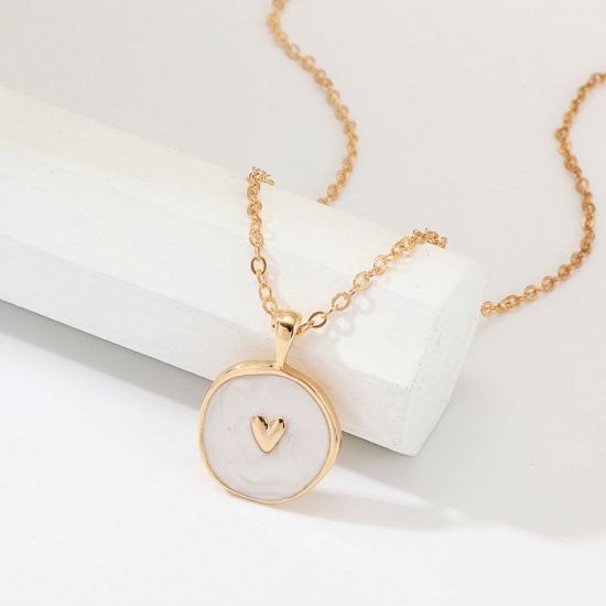 Picture of Necklace Gold Plated White Round Heart Enamel 41.5cm(16 3/8") long, 1 Piece