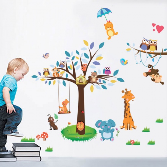 Picture of Multicolor - Forest animal monkey giraffe Wall Sticker PVC Material DIY Owl Tree wall decals for Children's room bedroom wall decor sticker