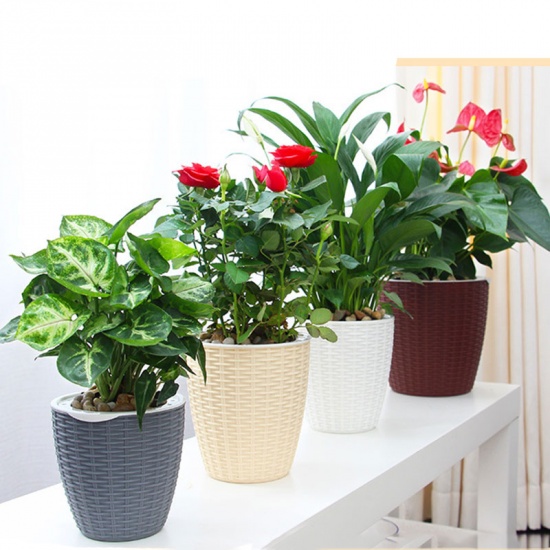 Picture of Dark Gray - Style11 Imitation Rattan Automatic Water Absorption With Cotton Rope Lazy Flower Pot Household Creative Plastic Balcony Flower Pot
