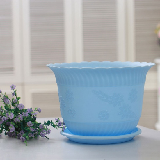 Picture of Skyblue - Resin Flower Pot with Tray For Plants Garden Home Office Decoration 12x8cm, 1 Set