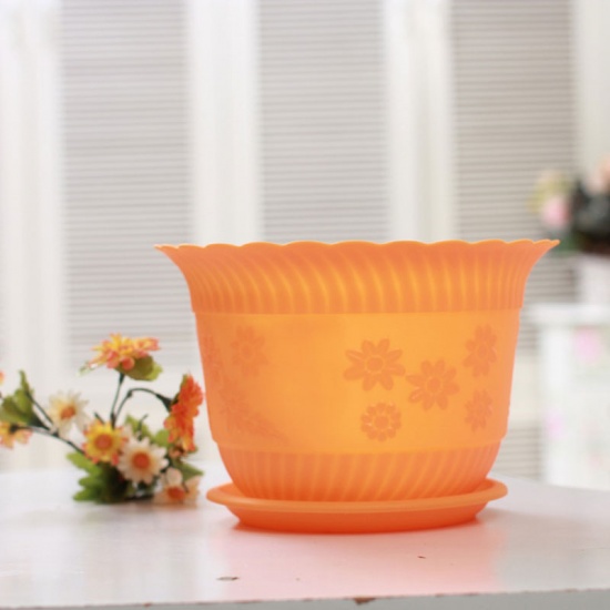 Picture of Orange - Resin Flower Pot with Tray For Plants Garden Home Office Decoration 12x8cm, 1 Set