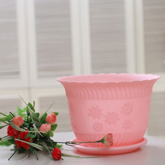 Picture of Pink - Resin Flower Pot with Tray For Plants Garden Home Office Decoration 12x8cm, 1 Set