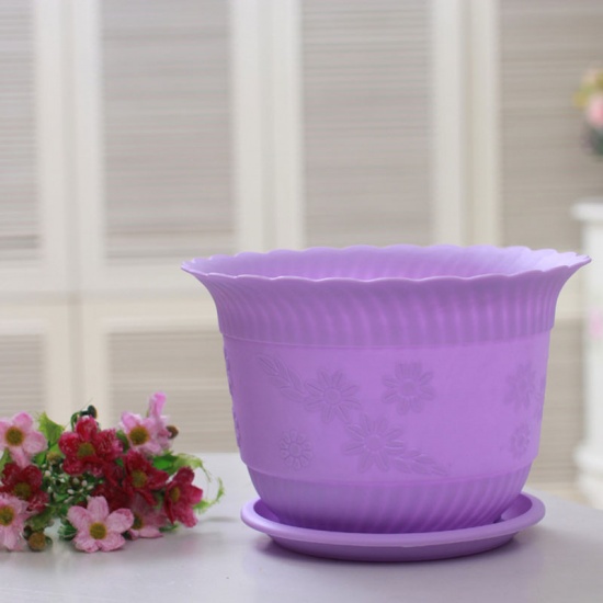 Picture of Purple - Resin Flower Pot with Tray For Plants Garden Home Office Decoration 12x8cm, 1 Set