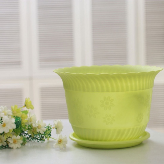 Picture of Green - Resin Flower Pot with Tray For Plants Garden Home Office Decoration 12x8cm, 1 Set