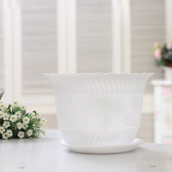 Picture of White - Resin Flower Pot with Tray For Plants Garden Home Office Decoration 27x18cm, 1 Set
