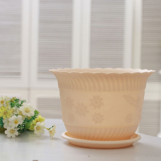 Image de Apricot Beige - Pot de fleur en résine avec plateau pour décoration de bureau à domicile de jardin de plantes 16x11cm, 1 Kit