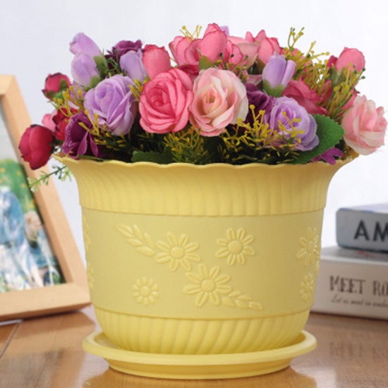 Picture of Yellow - Resin Flower Pot with Tray For Plants Garden Home Office Decoration 19x14cm, 1 Set