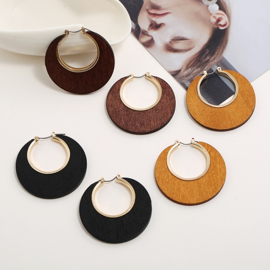 Picture of Wood Geometry Series Hoop Earrings Black Round 4.2cm, 1 Pair