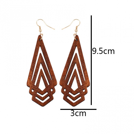 Picture of Wood Geometry Series Earrings Gold Plated Brown Rhombus Hollow 9.5cm x 3cm, 1 Pair