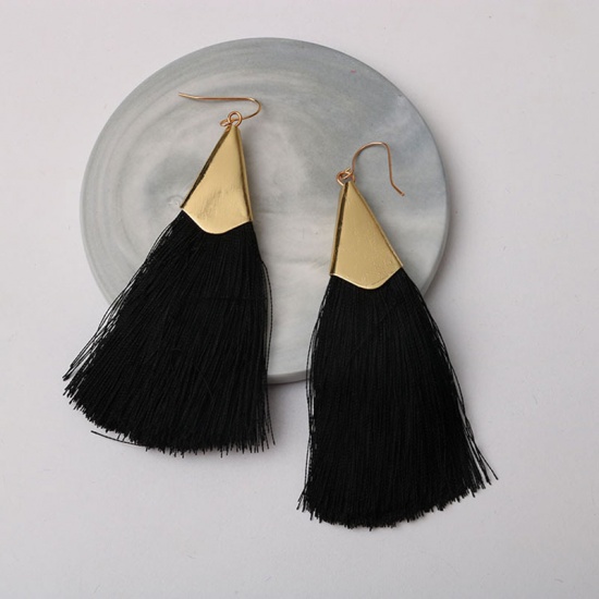 Picture of Tassel Earrings Gold Plated Black 9cm x 3cm, 1 Pair