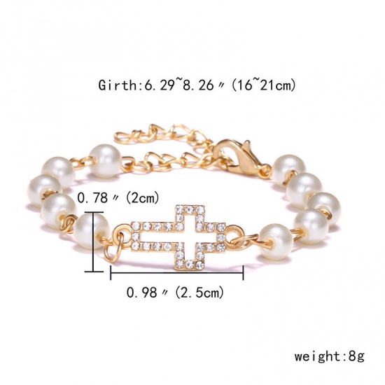 Picture of Dainty Bracelets Delicate Bracelets Beaded Bracelet Gold Plated White Geometric Imitation Pearl Clear Rhinestone 16cm(6 2/8") long, 1 Piece