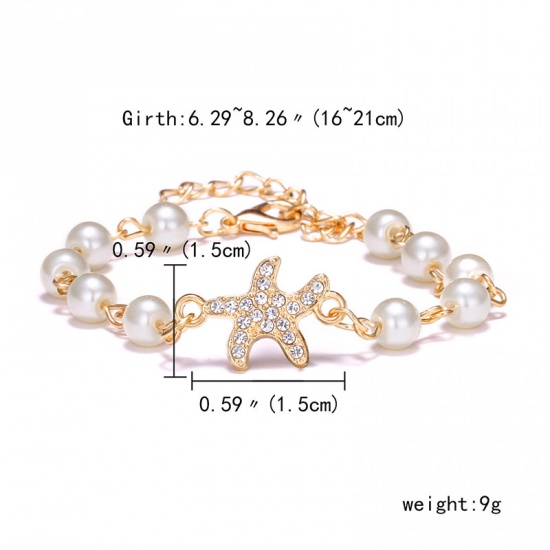 Picture of Dainty Bracelets Delicate Bracelets Beaded Bracelet Gold Plated White Star Fish Imitation Pearl Clear Rhinestone 16cm(6 2/8") long, 1 Piece