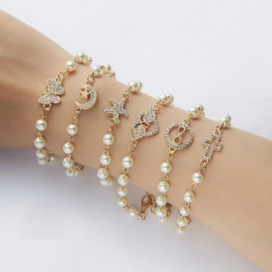 Picture of Dainty Bracelets Delicate Bracelets Beaded Bracelet Gold Plated White Star Fish Imitation Pearl Clear Rhinestone 16cm(6 2/8") long, 1 Piece
