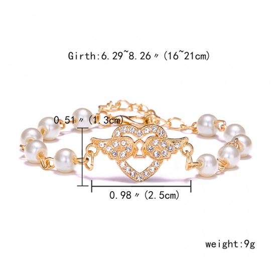 Picture of Dainty Bracelets Delicate Bracelets Beaded Bracelet Gold Plated White Heart Wing Imitation Pearl Clear Rhinestone 16cm(6 2/8") long, 1 Piece
