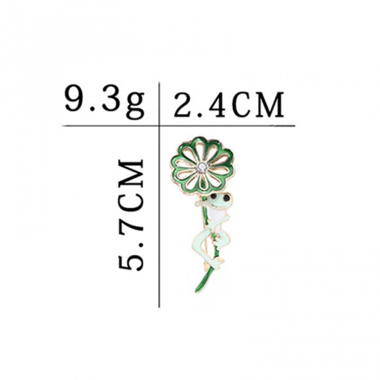 Picture of Pin Brooches Lotus Leaf Frog Green Clear Rhinestone 5.7cm x 2.4cm, 1 Piece